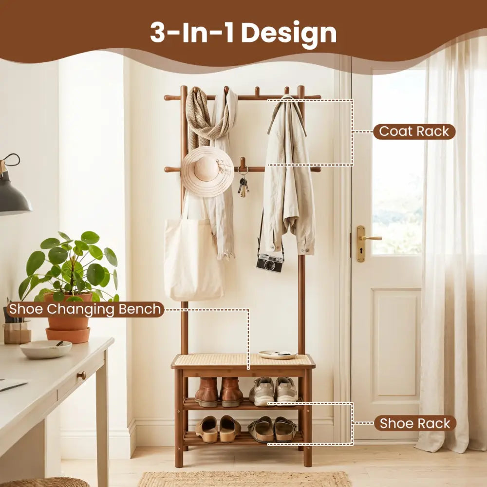 Bamboo Coat Rack PE Rattan Hall Tree with Bench and Shoe Storage 3-In-1 Entryway Bench-Brown - Brown - Coat Racks &