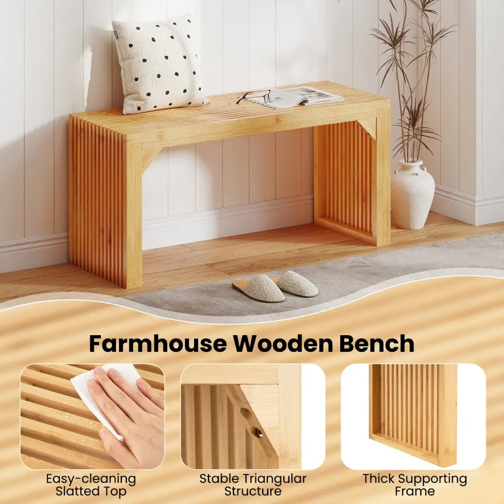 Bamboo Dining Bench Long Entryway Bench Indoor Outdoor Solid Wood Bench-Natural - Natural - Outdoor Benches