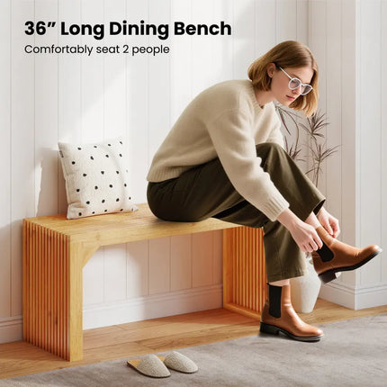 Bamboo Dining Bench Long Entryway Bench Indoor Outdoor Solid Wood Bench-Natural - Natural - Outdoor Benches