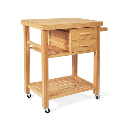 Bamboo Kitchen Trolley Cart with Tower Rack and Drawers - Natural - Kitchen Islands & Carts