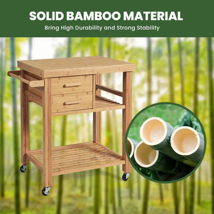 Bamboo Kitchen Trolley Cart with Tower Rack and Drawers - Natural - Kitchen Islands & Carts