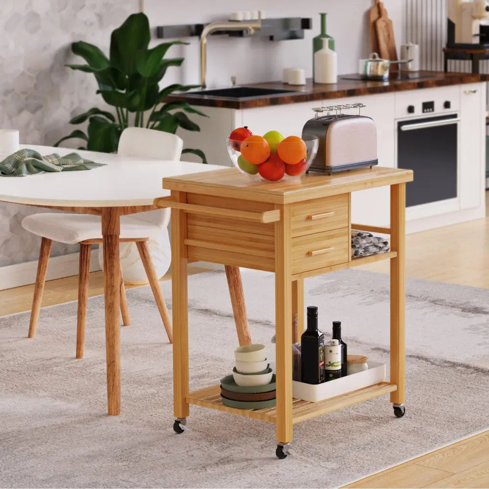 Bamboo Kitchen Trolley Cart with Tower Rack and Drawers - Natural - Kitchen Islands & Carts