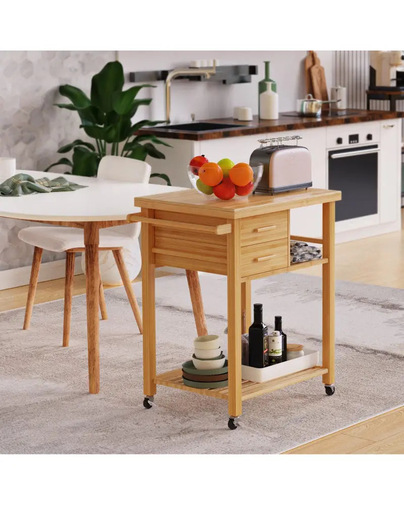 Bamboo Kitchen Trolley Cart with Tower Rack and Drawers - Natural - Kitchen Islands & Carts
