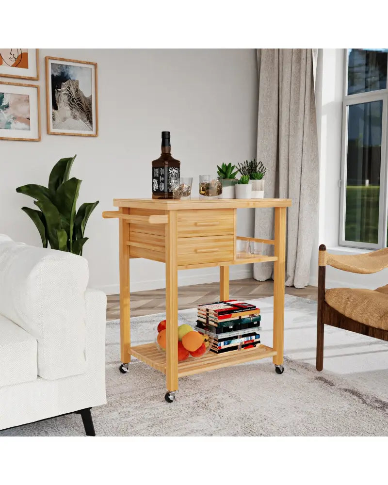 Bamboo Kitchen Trolley Cart with Tower Rack and Drawers - Natural - Kitchen Islands & Carts
