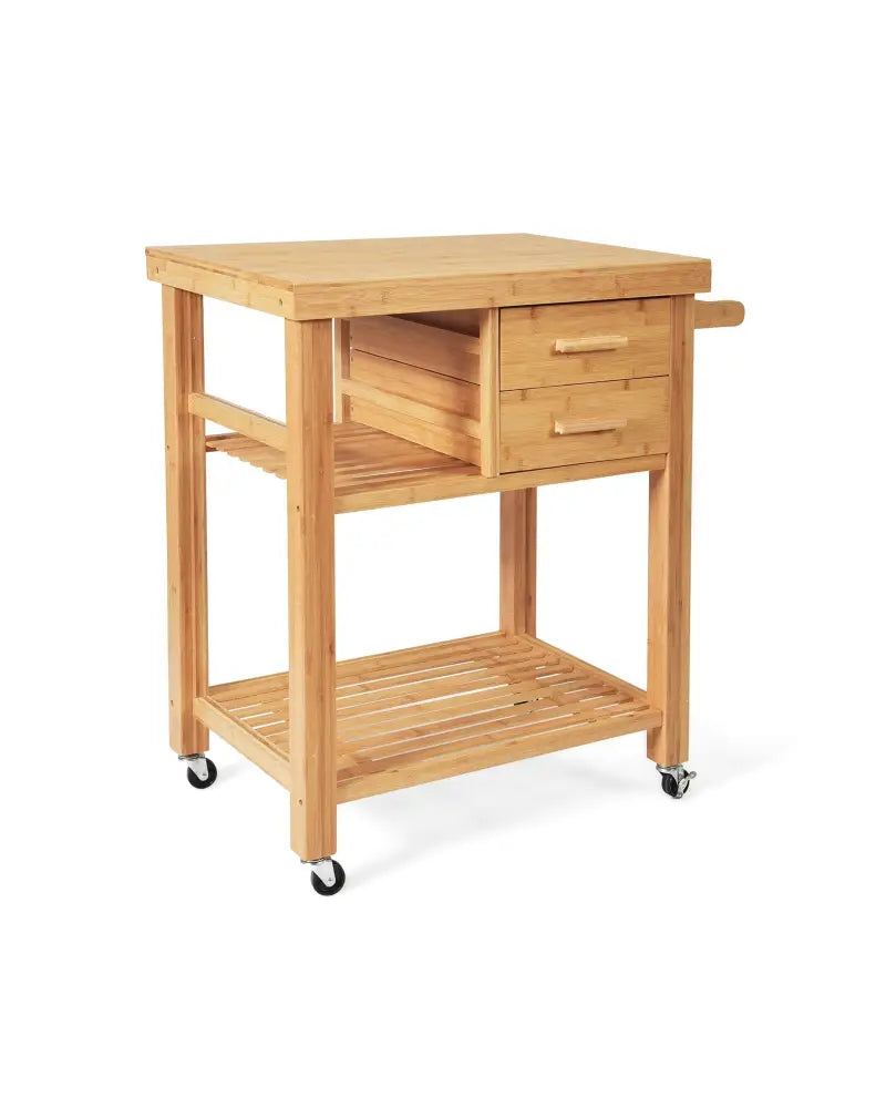 Bamboo Kitchen Trolley Cart with Tower Rack and Drawers - Natural - Kitchen Islands & Carts