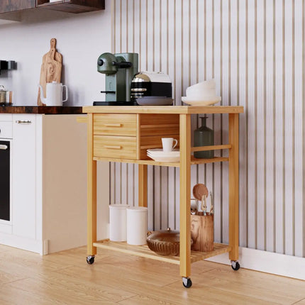 Bamboo Kitchen Trolley Cart with Tower Rack and Drawers - Natural - Kitchen Islands & Carts