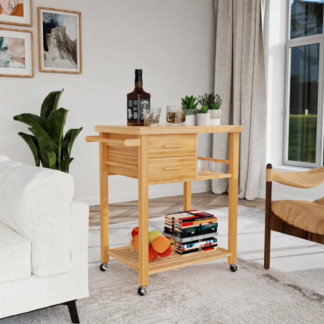 Bamboo Kitchen Trolley Cart with Tower Rack and Drawers - Natural - Kitchen Islands & Carts