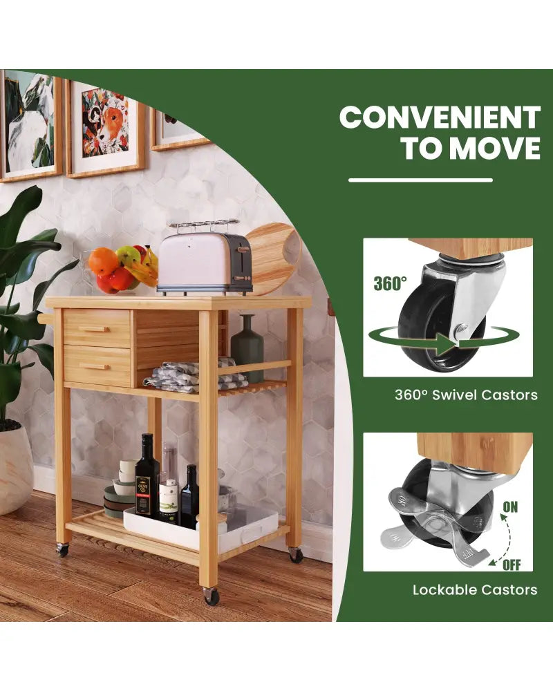 Bamboo Kitchen Trolley Cart with Tower Rack and Drawers - Natural - Kitchen Islands & Carts