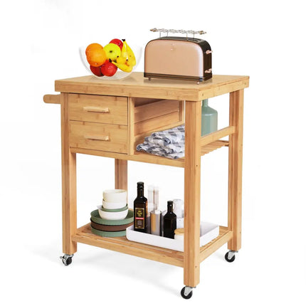 Bamboo Kitchen Trolley Cart with Tower Rack and Drawers - Natural - Kitchen Islands & Carts