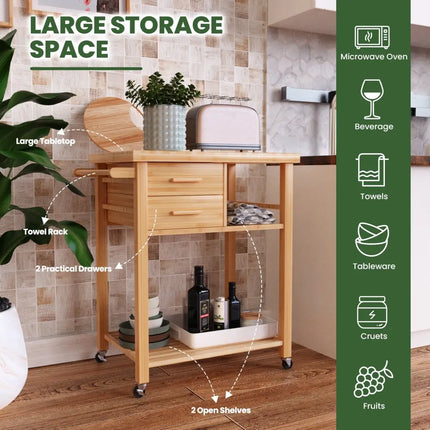 Bamboo Kitchen Trolley Cart with Tower Rack and Drawers - Natural - Kitchen Islands & Carts