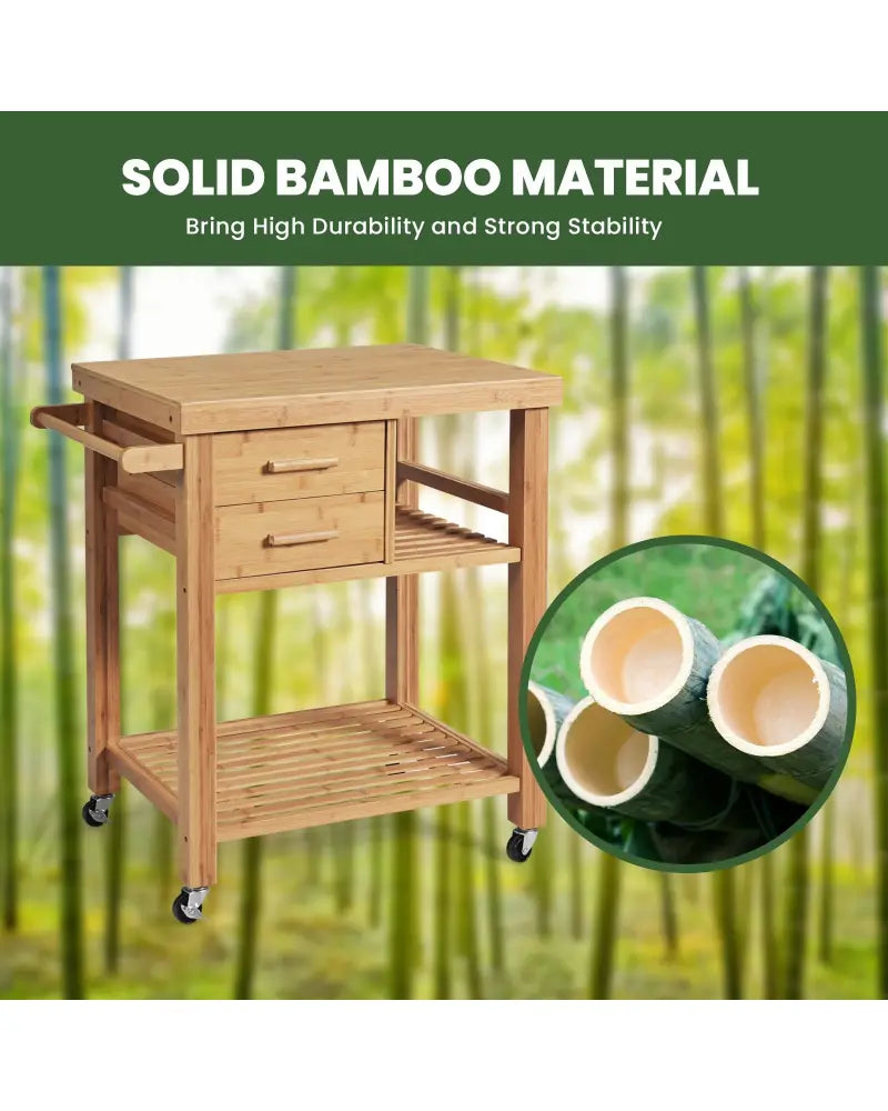 Bamboo Kitchen Trolley Cart with Tower Rack and Drawers - Natural - Kitchen Islands & Carts