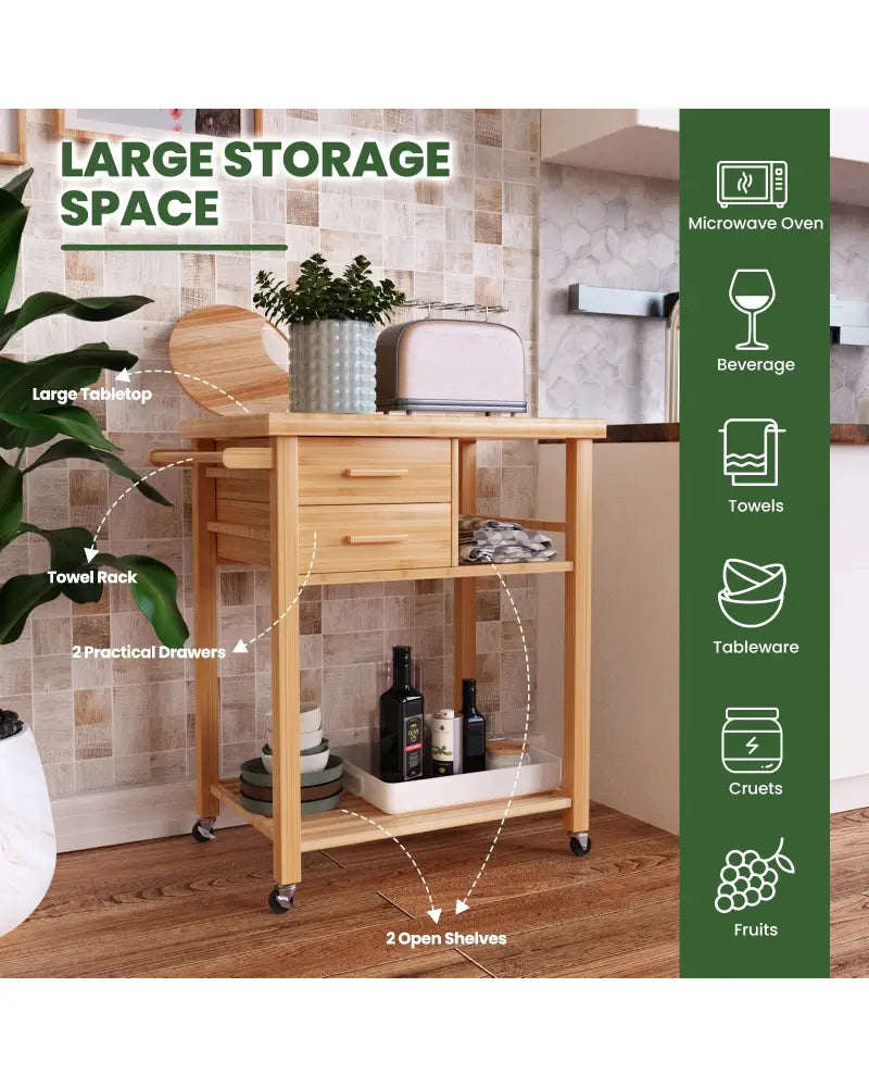 Bamboo Kitchen Trolley Cart with Tower Rack and Drawers - Natural - Kitchen Islands & Carts