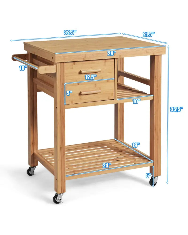 Bamboo Kitchen Trolley Cart with Tower Rack and Drawers - Natural - Kitchen Islands & Carts