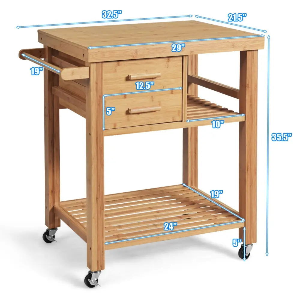 Bamboo Kitchen Trolley Cart with Tower Rack and Drawers - Natural - Kitchen Islands & Carts