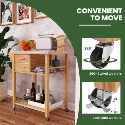 Bamboo Kitchen Trolley Cart with Tower Rack and Drawers - Natural - Kitchen Islands & Carts