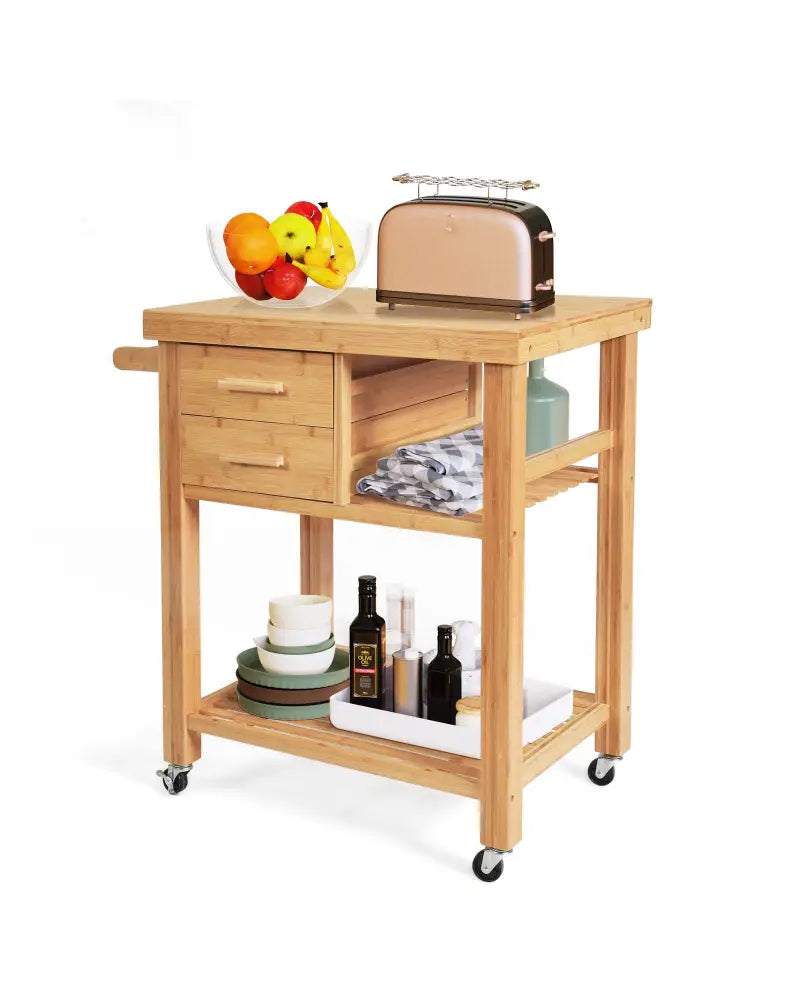 Bamboo Kitchen Trolley Cart with Tower Rack and Drawers - Natural - Kitchen Islands & Carts