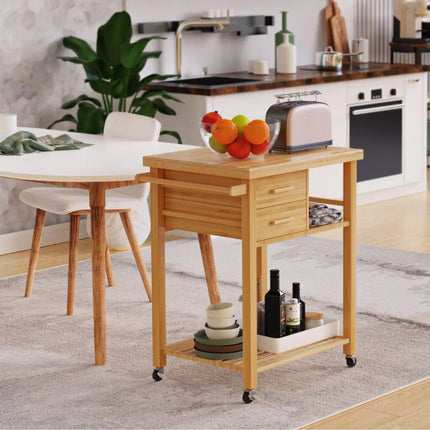 Bamboo Kitchen Trolley Cart with Tower Rack and Drawers - Natural - Kitchen Islands & Carts