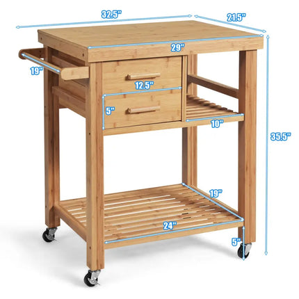 Bamboo Kitchen Trolley Cart with Tower Rack and Drawers - Natural - Kitchen Islands & Carts