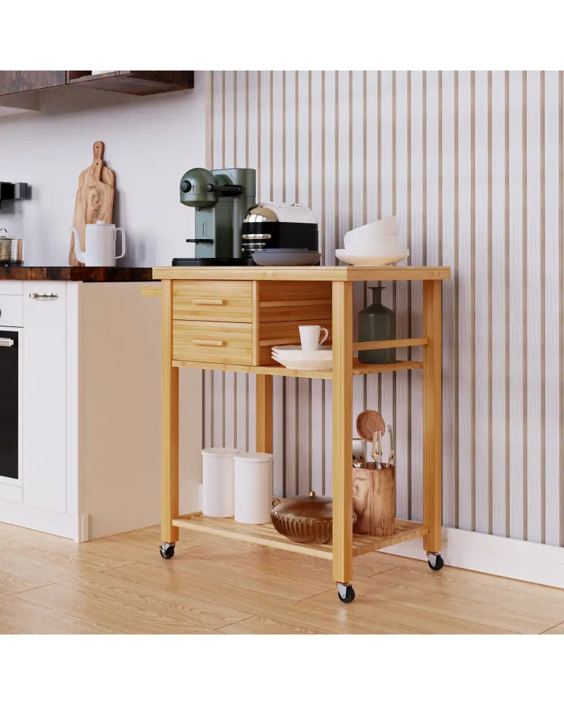 Bamboo Kitchen Trolley Cart with Tower Rack and Drawers - Natural - Kitchen Islands & Carts