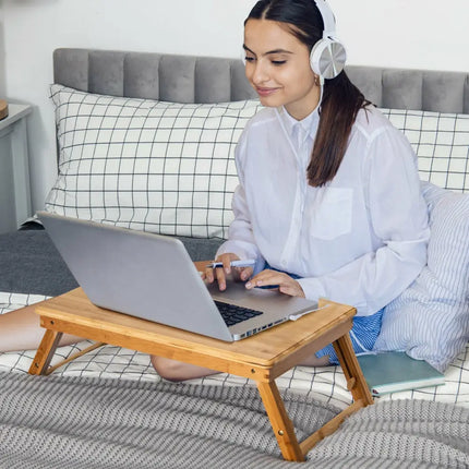 Bamboo Laptop Lap Tray with Adjustable Legs and Tilting Heat-dissipation Top-Natural - Natural - Laptop Tables &