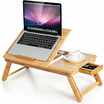 Bamboo Laptop Lap Tray with Adjustable Legs and Tilting Heat-dissipation Top-Natural - Natural - Laptop Tables &