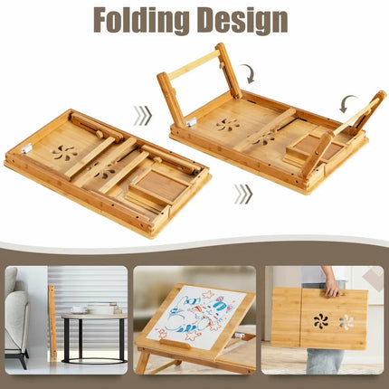 Bamboo Laptop Lap Tray with Adjustable Legs and Tilting Heat-dissipation Top-Natural - Natural - Laptop Tables &
