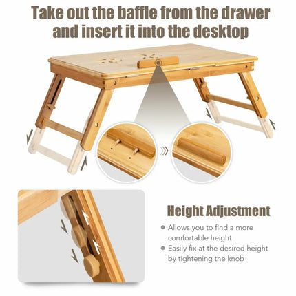 Bamboo Laptop Lap Tray with Adjustable Legs and Tilting Heat-dissipation Top-Natural - Natural - Laptop Tables &