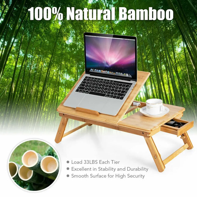 Bamboo Laptop Lap Tray with Adjustable Legs and Tilting Heat-dissipation Top-Natural - Natural - Laptop Tables &