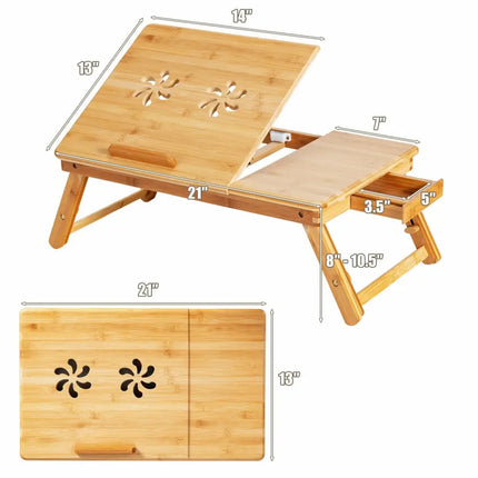 Bamboo Laptop Lap Tray with Adjustable Legs and Tilting Heat-dissipation Top-Natural - Natural - Laptop Tables &