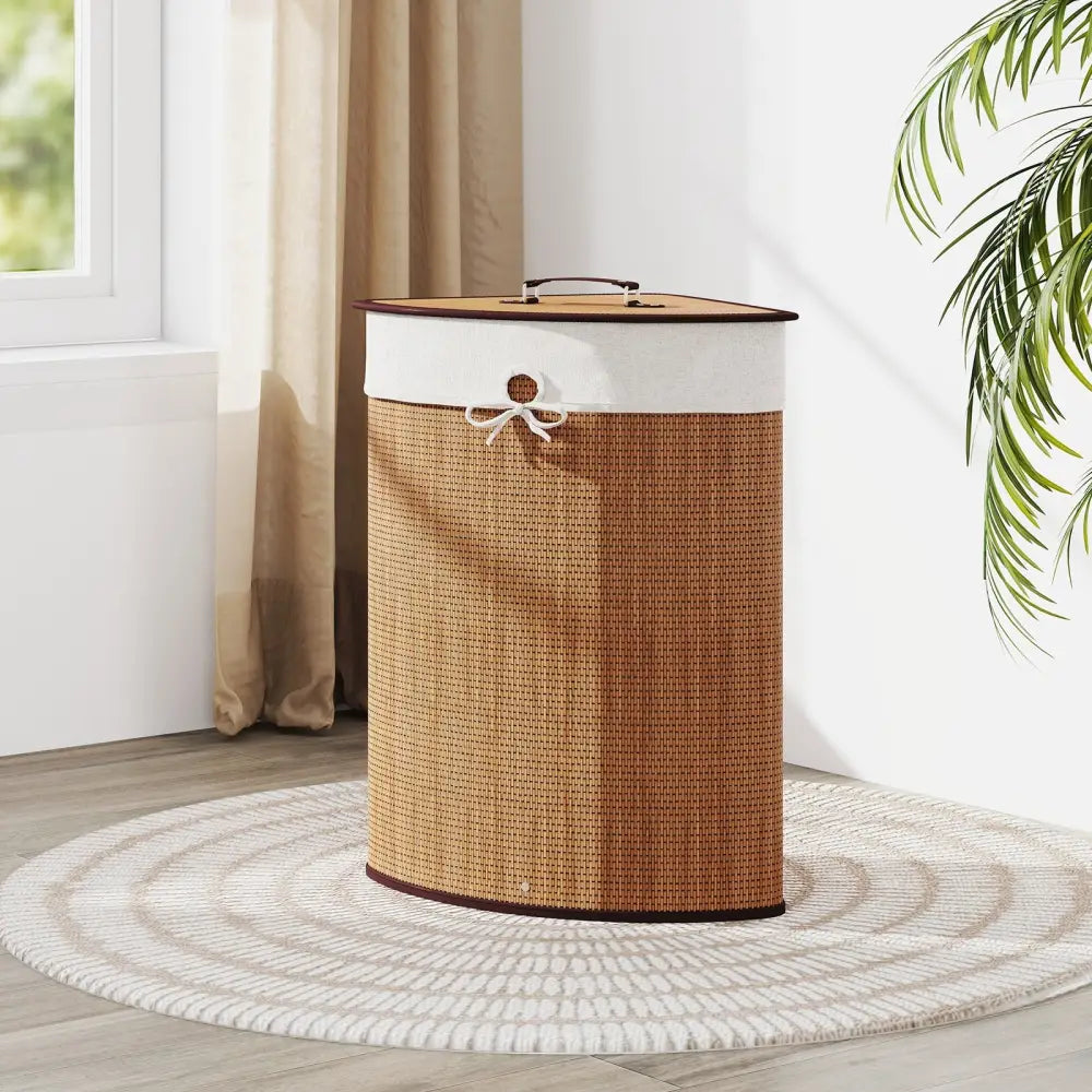Bamboo Laundry Hamper Basket with Lid and Removable Liner Bag-Yellow - Yellow - Laundry Baskets