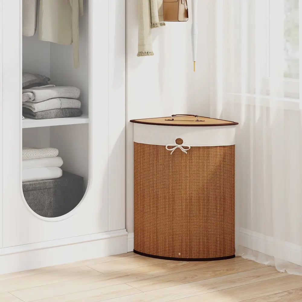 Bamboo Laundry Hamper Basket with Lid and Removable Liner Bag-Yellow - Yellow - Laundry Baskets