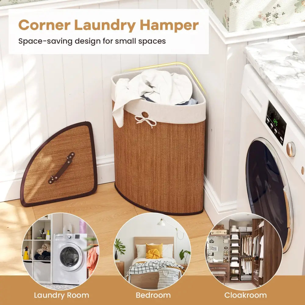 Bamboo Laundry Hamper Basket with Lid and Removable Liner Bag-Yellow - Yellow - Laundry Baskets