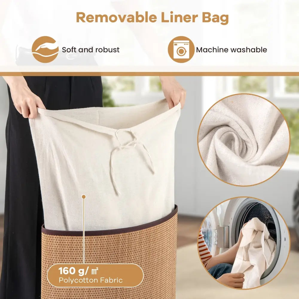Bamboo Laundry Hamper Basket with Lid and Removable Liner Bag-Yellow - Yellow - Laundry Baskets