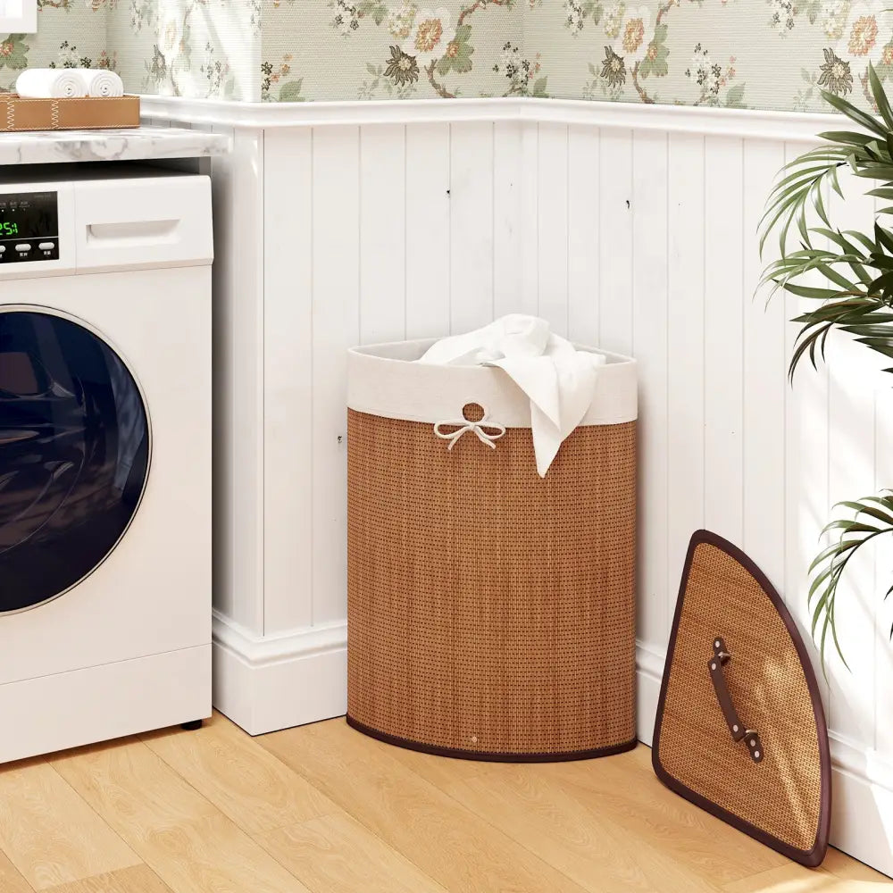 Bamboo Laundry Hamper Basket with Lid and Removable Liner Bag-Yellow - Yellow - Laundry Baskets