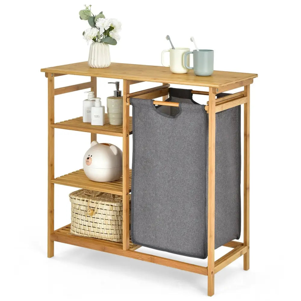 Bamboo Laundry Hamper Stand with Removable Sliding Bag and 3-Tier Open Shelves - Natural - Laundry Baskets