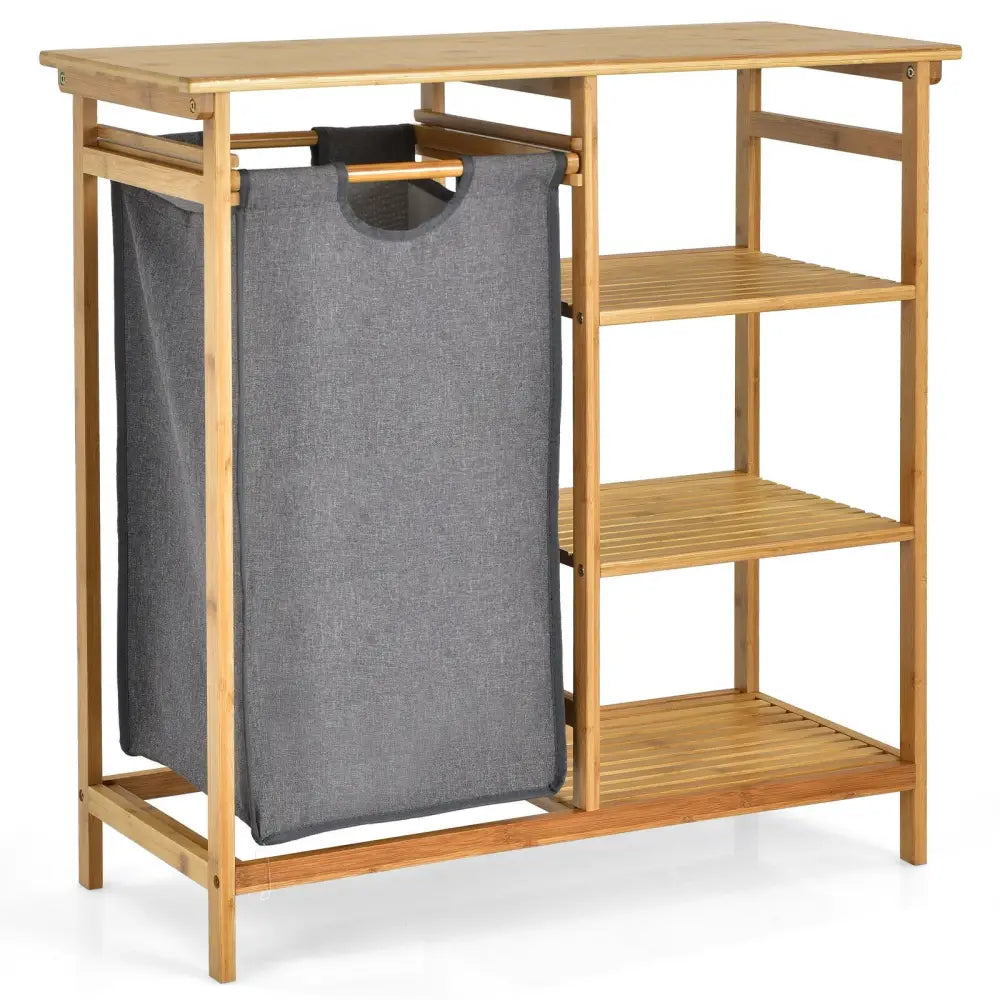 Bamboo Laundry Hamper Stand with Removable Sliding Bag and 3-Tier Open Shelves - Natural - Laundry Baskets