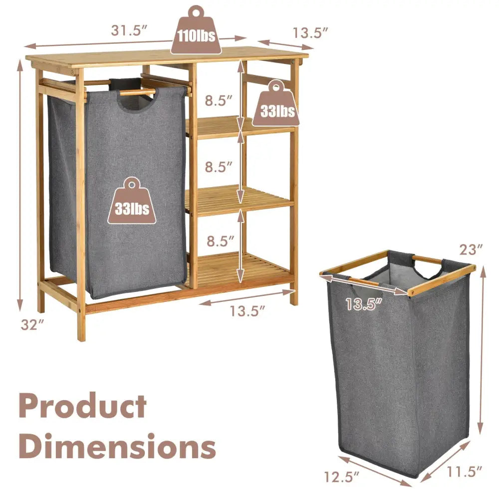 Bamboo Laundry Hamper Stand with Removable Sliding Bag and 3-Tier Open Shelves - Natural - Laundry Baskets