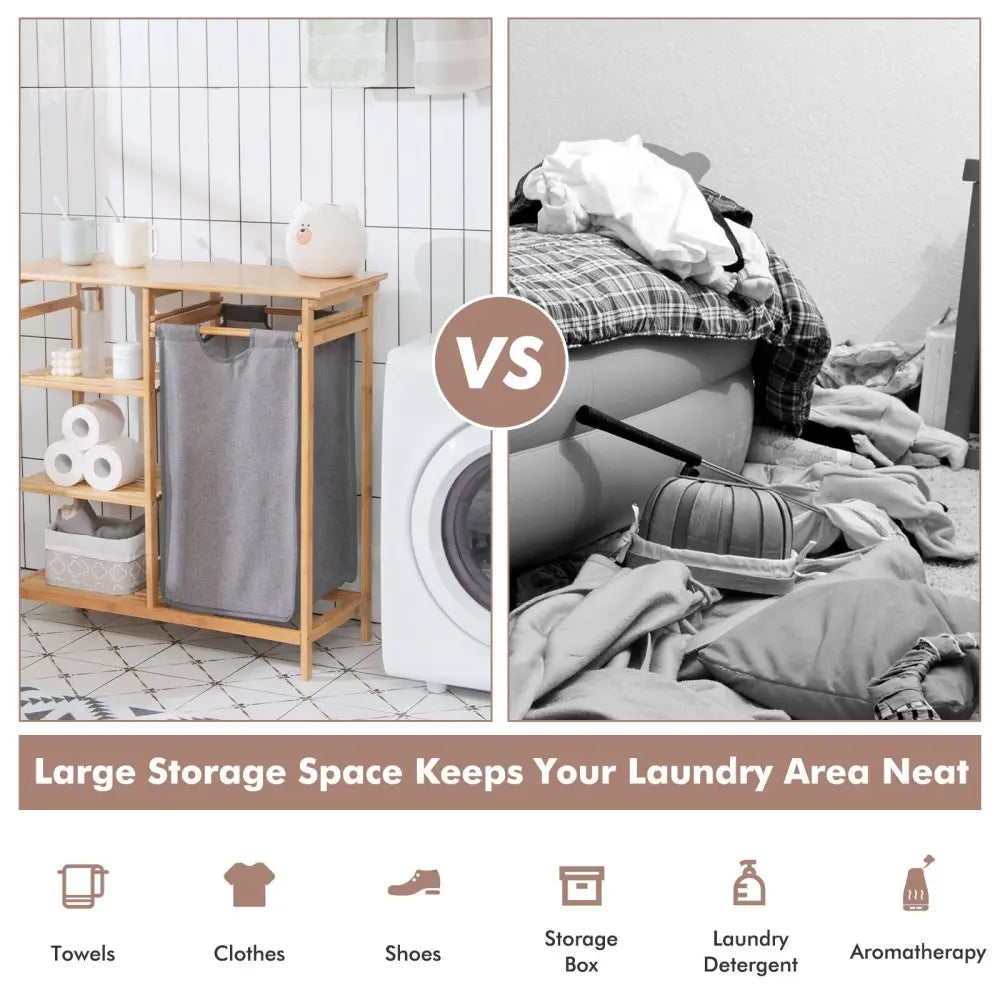 Bamboo Laundry Hamper Stand with Removable Sliding Bag and 3-Tier Open Shelves - Natural - Laundry Baskets