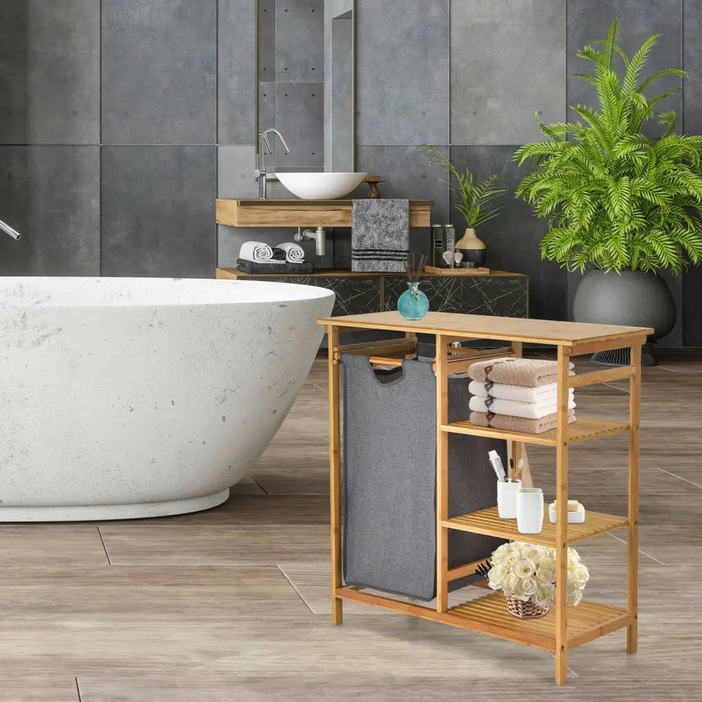 Bamboo Laundry Hamper Stand with Removable Sliding Bag and 3-Tier Open Shelves - Natural - Laundry Baskets