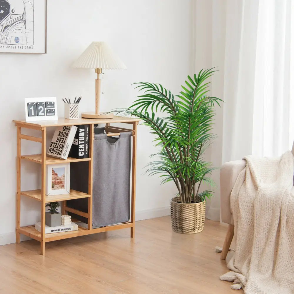 Bamboo Laundry Hamper Stand with Removable Sliding Bag and 3-Tier Open Shelves - Natural - Laundry Baskets