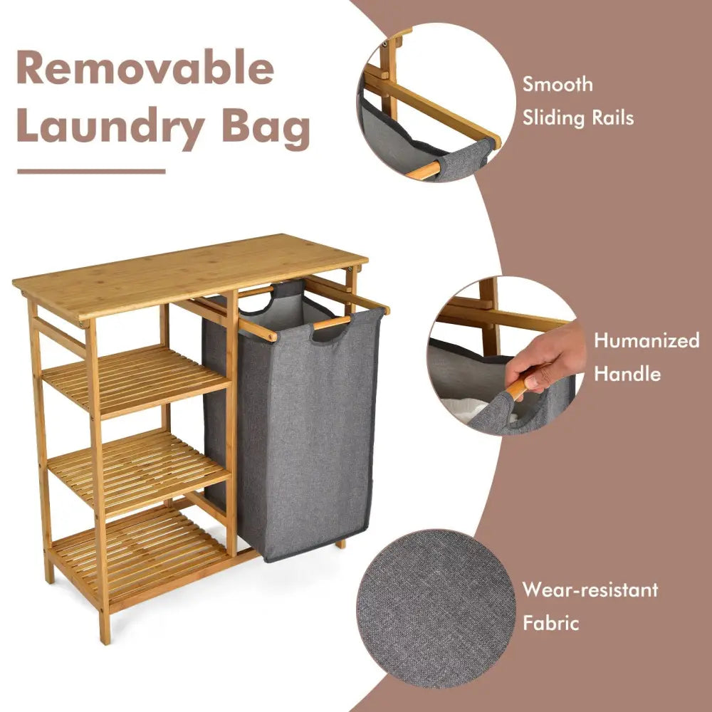 Bamboo Laundry Hamper Stand with Removable Sliding Bag and 3-Tier Open Shelves - Natural - Laundry Baskets