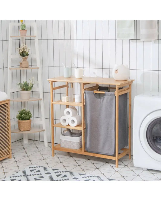 Bamboo Laundry Hamper Stand with Removable Sliding Bag and 3-Tier Open Shelves - Natural - Laundry Baskets