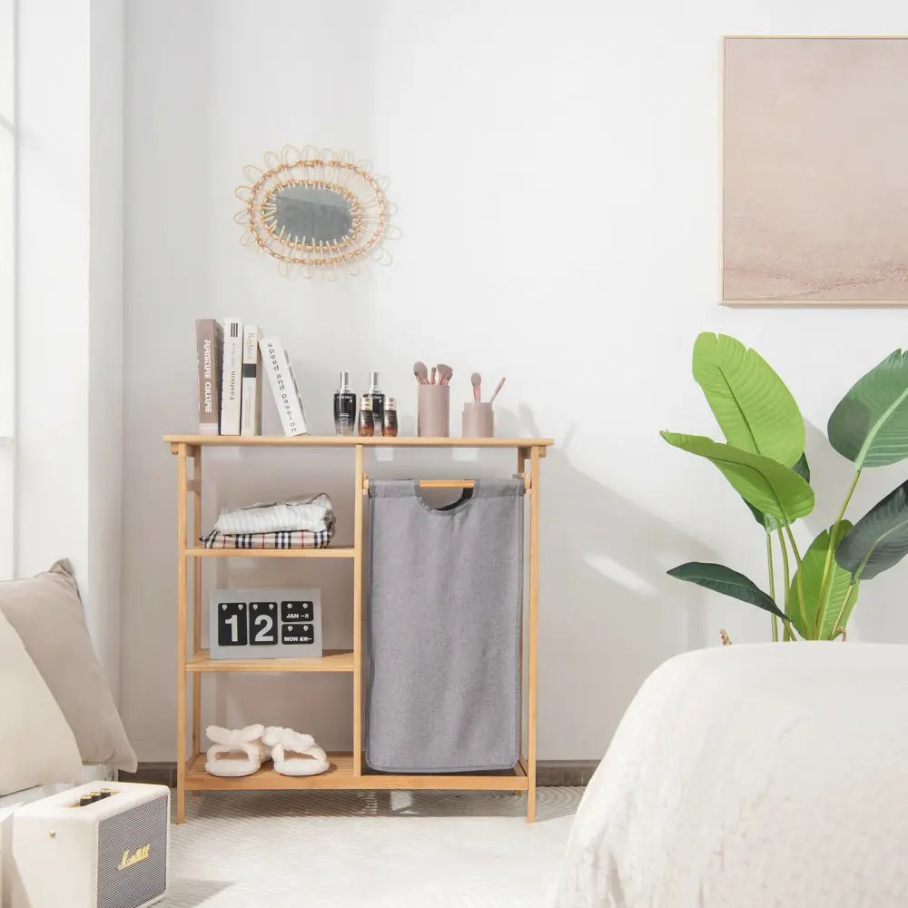 Bamboo Laundry Hamper Stand with Removable Sliding Bag and 3-Tier Open Shelves - Natural - Laundry Baskets