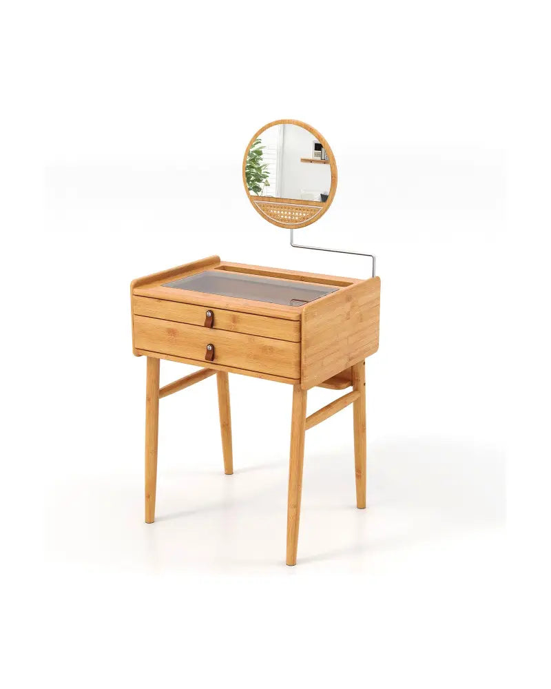 Bamboo Makeup Vanity Table with Mirror with 2 Storage Drawers-Natural - Natural - Makeup Vanities
