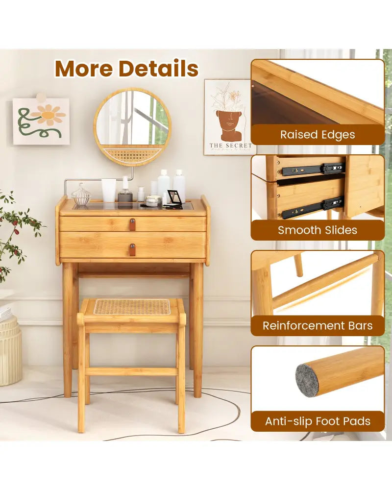 Bamboo Makeup Vanity Table with Mirror with 2 Storage Drawers-Natural - Natural - Makeup Vanities