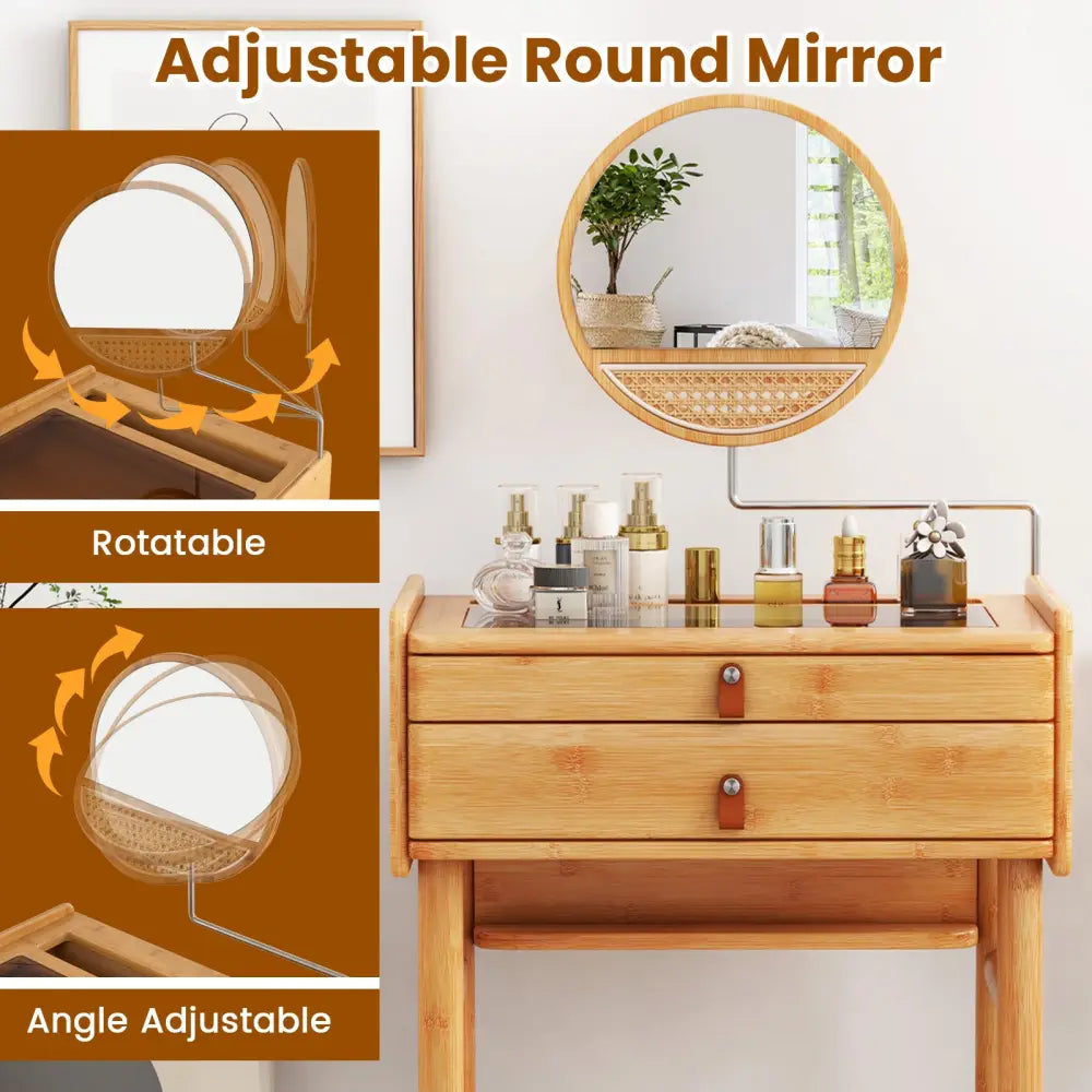 Bamboo Makeup Vanity Table with Mirror with 2 Storage Drawers-Natural - Natural - Makeup Vanities