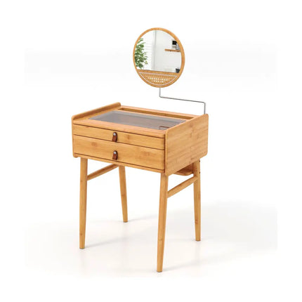 Bamboo Makeup Vanity Table with Mirror with 2 Storage Drawers-Natural - Natural - Makeup Vanities