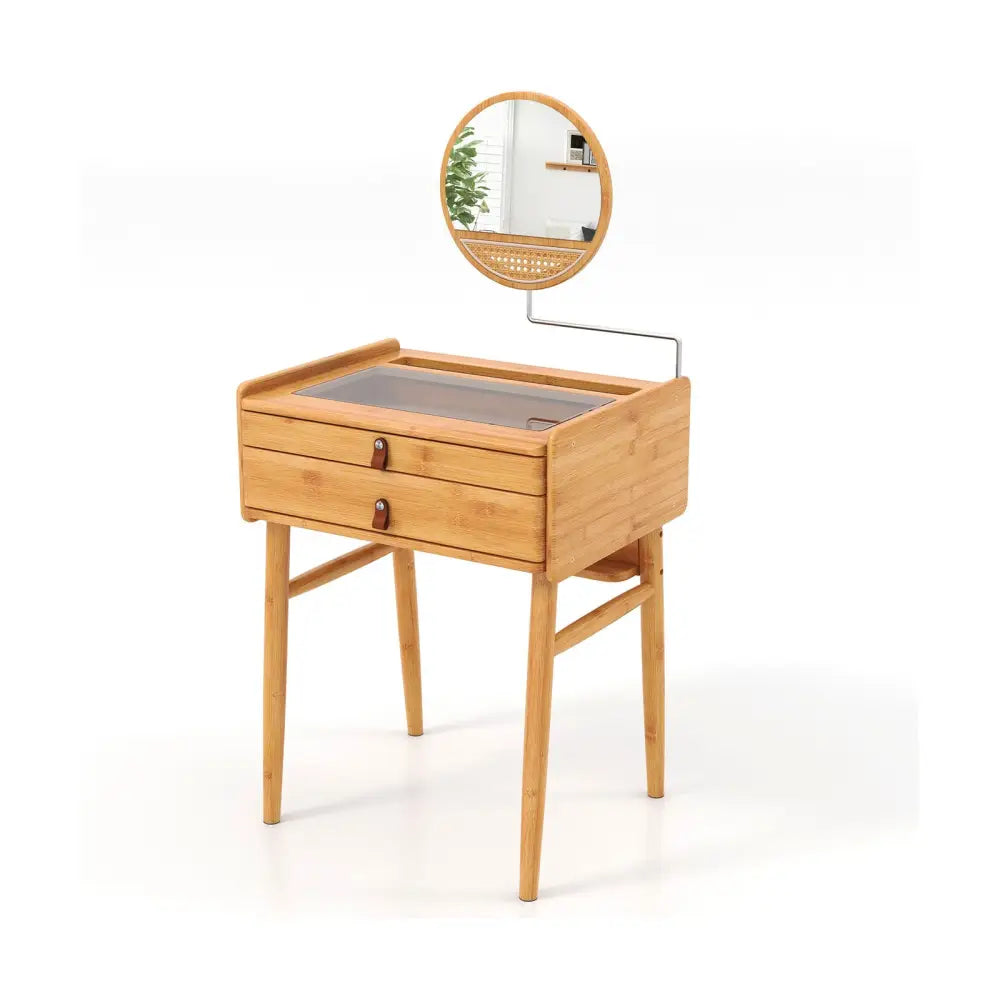 Bamboo Makeup Vanity Table with Mirror with 2 Storage Drawers-Natural - Natural - Makeup Vanities
