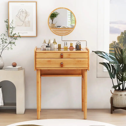 Bamboo Makeup Vanity Table with Mirror with 2 Storage Drawers-Natural - Natural - Makeup Vanities
