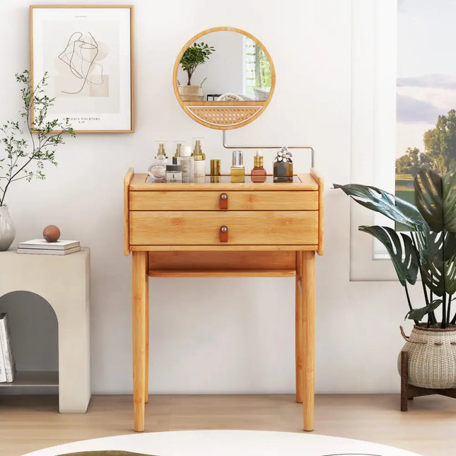 Bamboo Makeup Vanity Table with Mirror with 2 Storage Drawers-Natural - Natural - Makeup Vanities